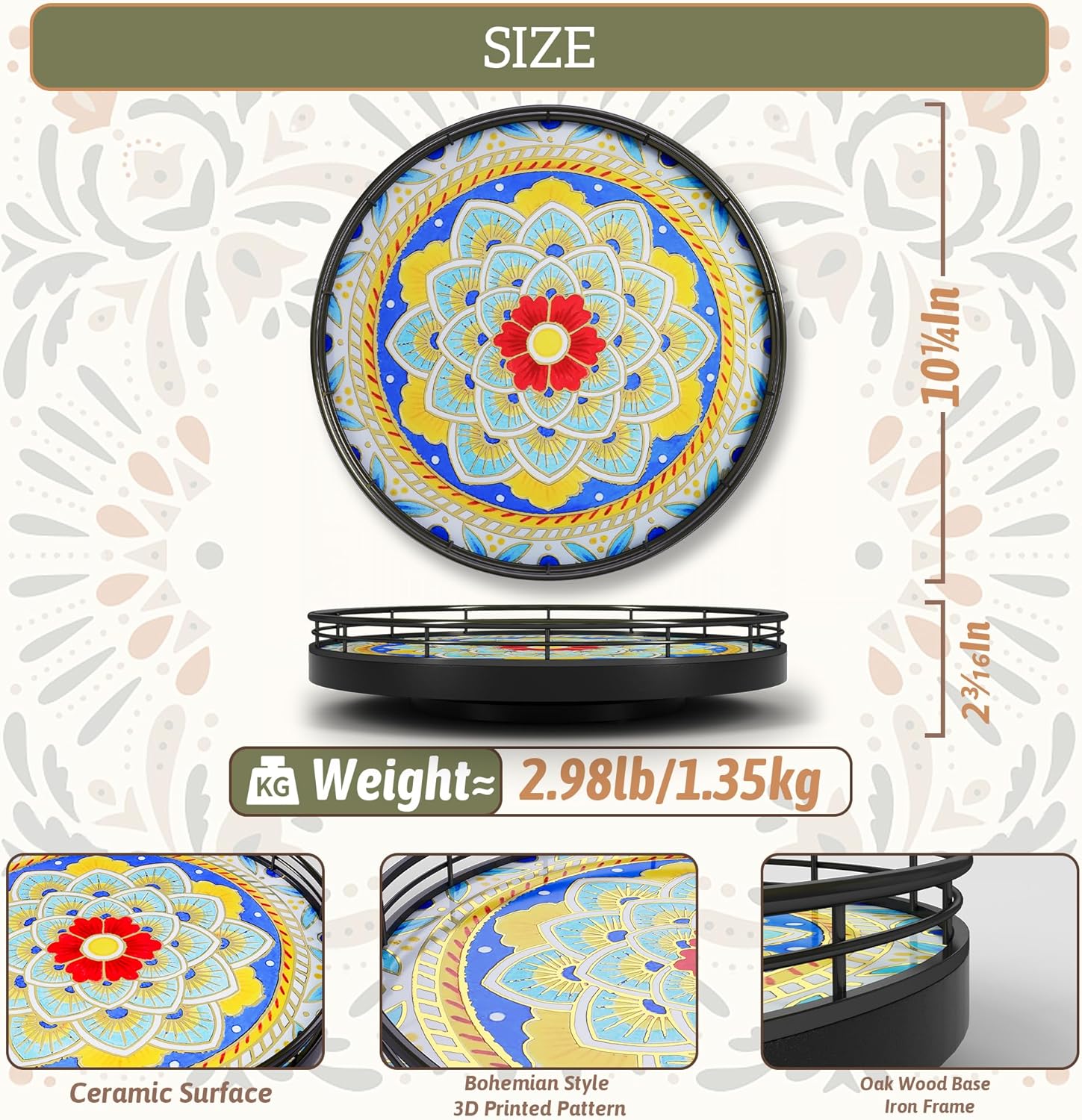 Decorative 3D Art Ceramic Lazy Susan for Table Top, 10.2" Boho Oak Wooden Lazy Susan Turntable Organizer for Dining Table Centerpiece Kitchen Countertop Coffee Table Decor Porcelain Tray Home Crafts