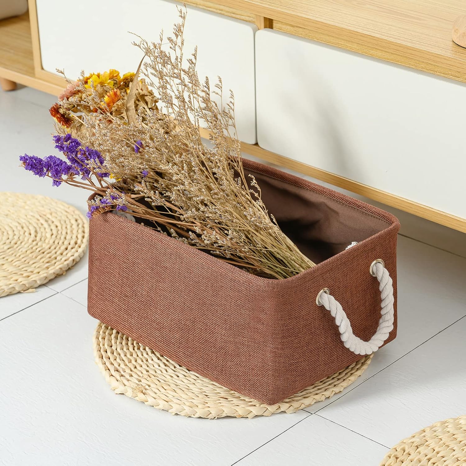 TheWarmHome Fabric Storage Basket for Home, Shelf, Closet - Canvas Bin for Dog Toys and Baby Items (Brown, 1 Pack, 13.8L9.8W6.7H)
