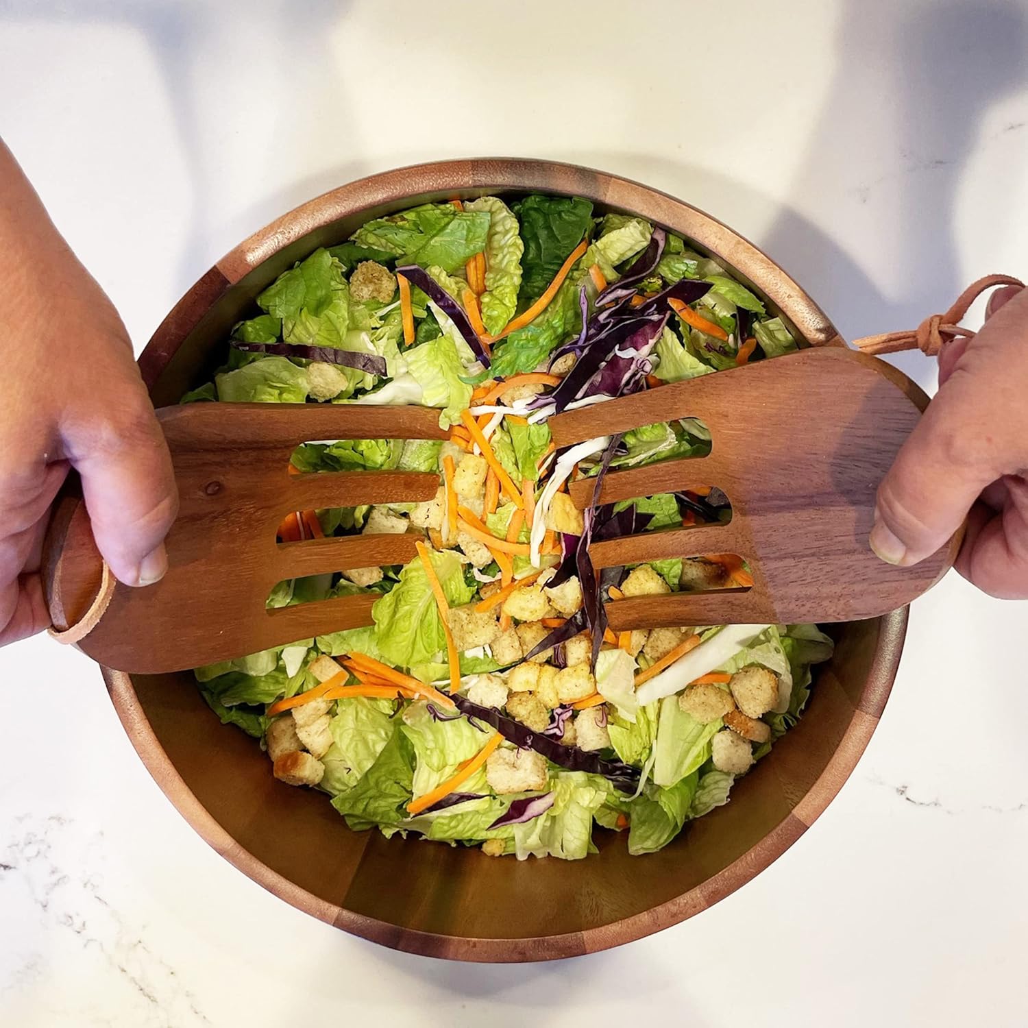 Acacia Wood 10” Salad Serving Bowl with Salad Hands 3 Piece Set by Woodard & Charles
