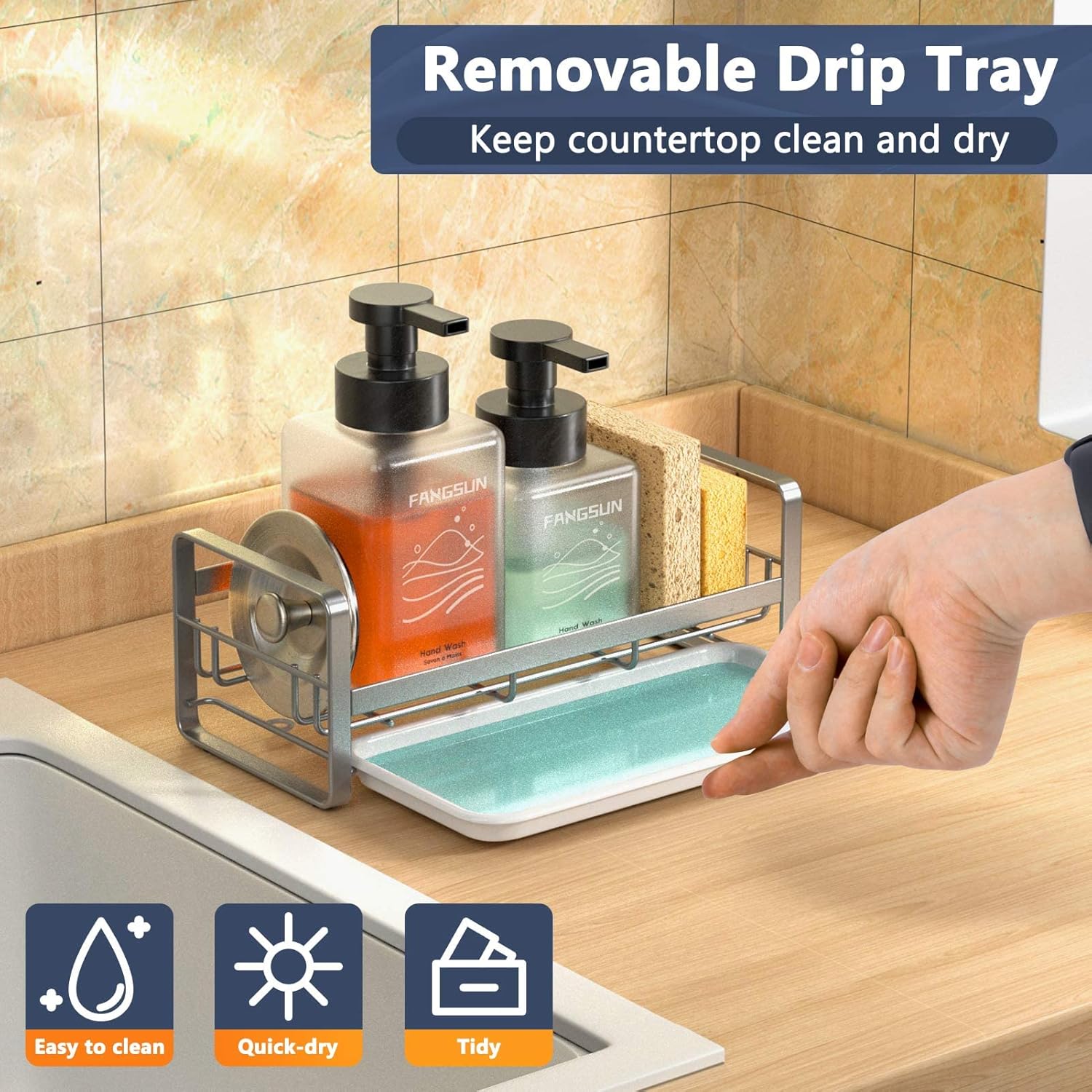 FANGSUN Large Sponge Holder for Kitchen Sink, 304 Stainless Steel Sink Caddy Organizer with Removable Drip Tray, Kitchen Countertop Dish Soap Holder, Not Include Soap Dispenser, Grey