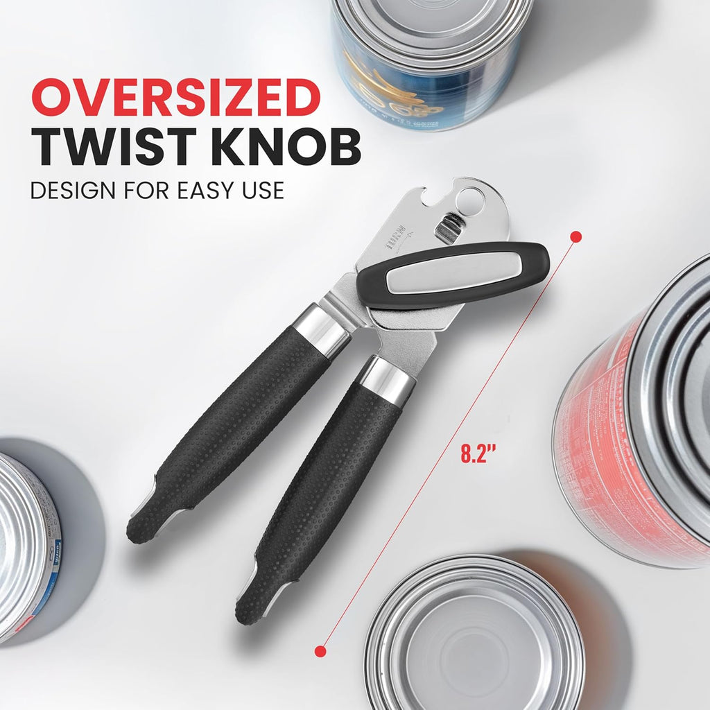 Zulay Kitchen Heavy Duty Stainless Steel Can Opener Manual with Large Bottle Opener - Manual Can Opener with Turn Knob with Soft Grip Handles - Black