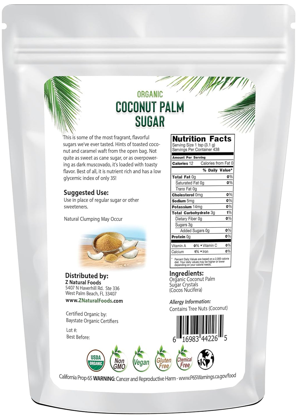 Z Natural Foods Organic Coconut Sugar - Nutrient-Dense, Flavorful & Unrefined Brown Coconut Sugar - Perfect for Tea, Coffee, Oatmeal, Deserts & Baking, Non-GMO, Vegan, Gluten-Free, 3 lbs