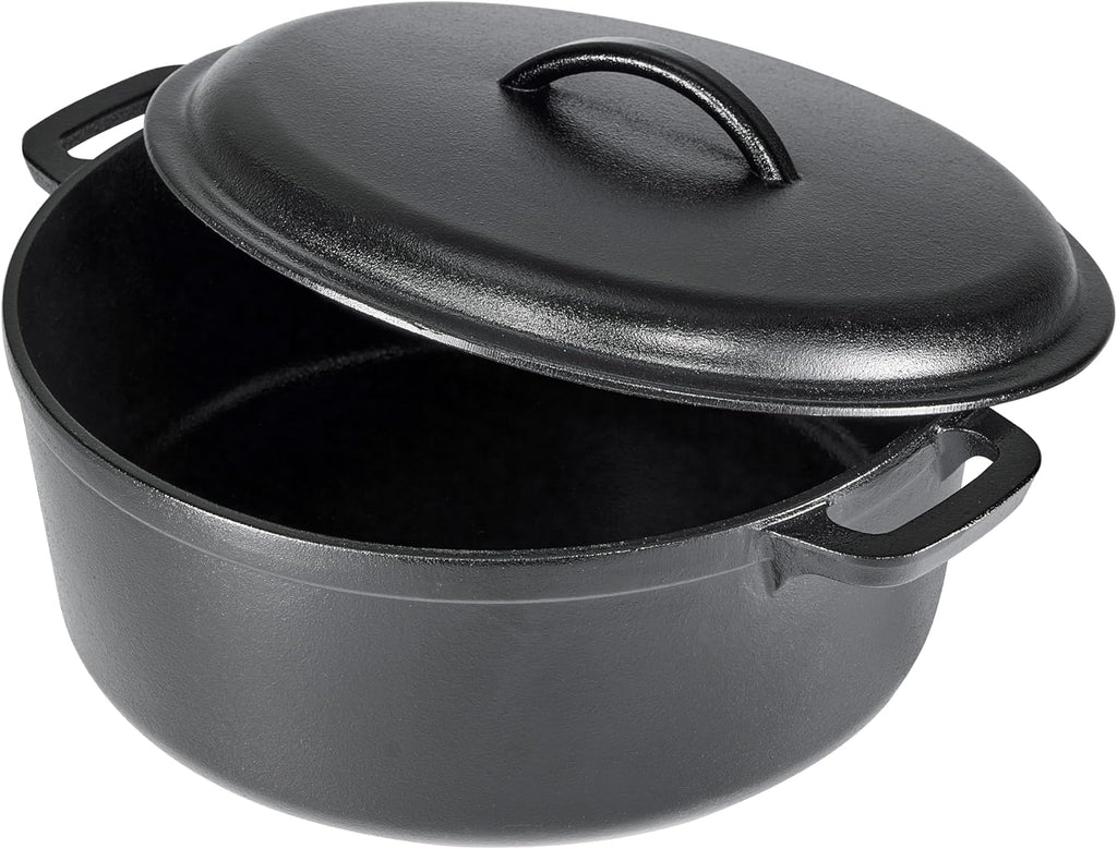 Amazon Basics Round Pre-Seasoned Cast Iron Dutch Oven Pot with Lid and Dual Handles, Heavy-Duty & Large, 7-Quart, Black