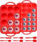 8 Pcs Silicone Muffin Pan Set, 12 Cup Regular & 24 Cup Mini Nonstick Muffin Tray with 6 Pcs Utensils, Silicone Muffin Pan for Baking with Metal Reinforced Frame, BPA Free (Red)