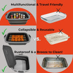 Collapsible X-Large (16L) BBQ Marinating Tub w/Cutting Board | Multipurpose Food-Grade TPE Prep Tub w/Lid | Built-In Colander & Drain Plug - For Camping | Tailgate | Picnic - Slate Black