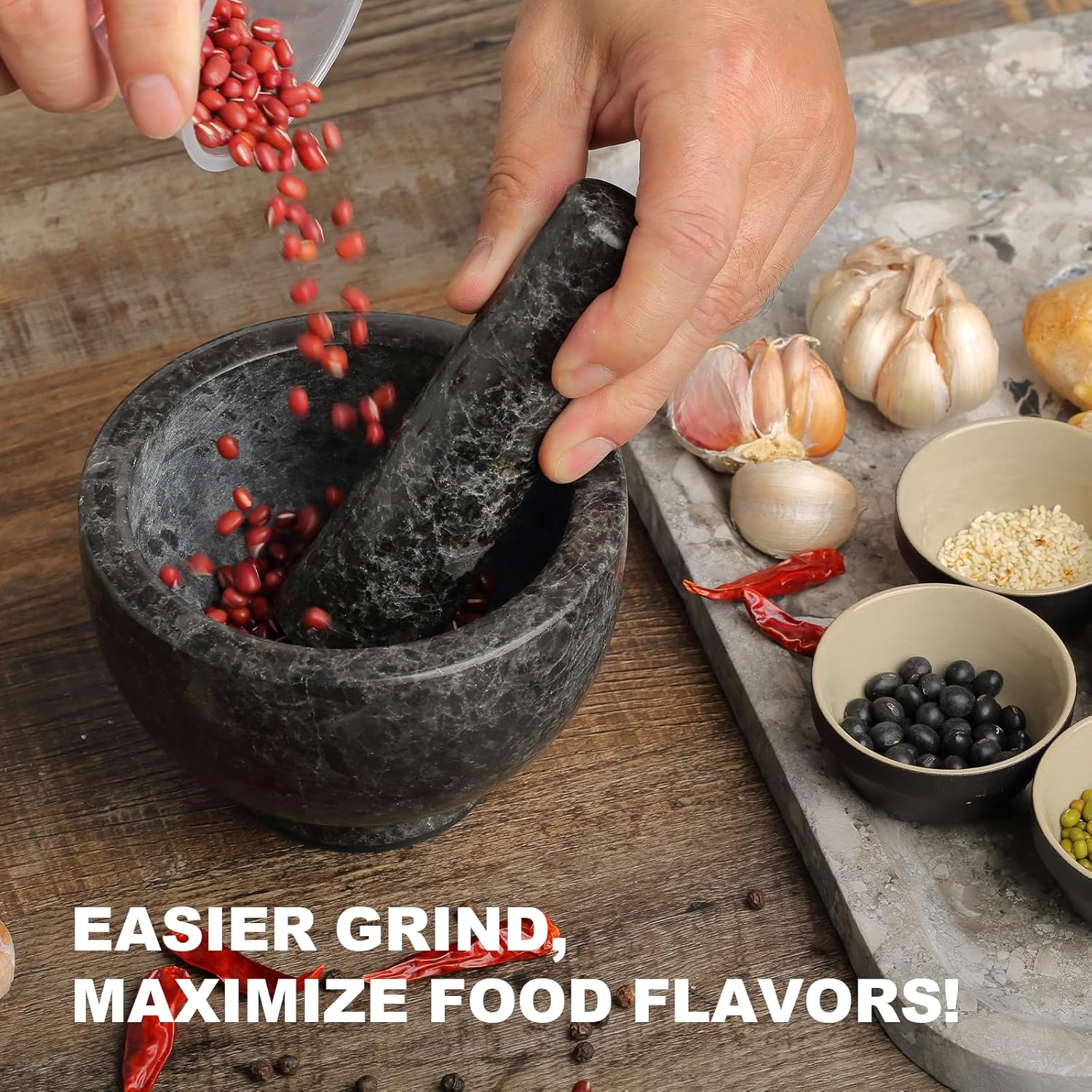 Koville African Natural Granite Mortar and Pestle Set, Grinder Bowl for Guacamole, Salsa, Pill Crusher, Spice, Herb, Garlic, Nut, Heavy Duty Grinder for Kitchen (Glossy Finish)
