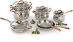 BergHOFF 11 Piece Ouro Cookware Set with Gold Handles and Glass Lids, Silver/Rose