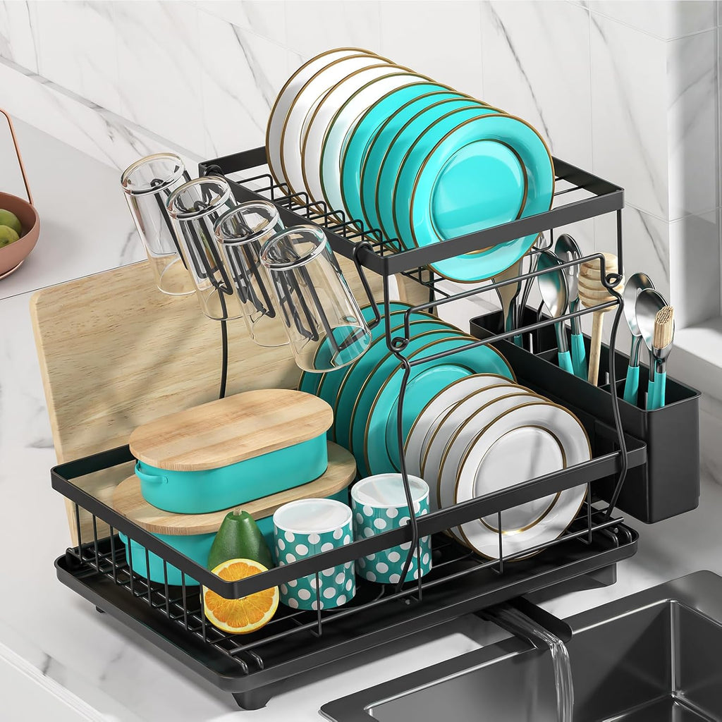 MERRYBOX Dish Drying Rack Large Capacity 2 Tier Dish Drying Rack Multifunctional Rustproof Dish Racks for Kitchen Counter with Large Utensil Holder, Cup Holder, Black