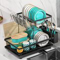 MERRYBOX Dish Drying Rack Large Capacity 2 Tier Dish Drying Rack Multifunctional Rustproof Dish Racks for Kitchen Counter with Large Utensil Holder, Cup Holder, Black