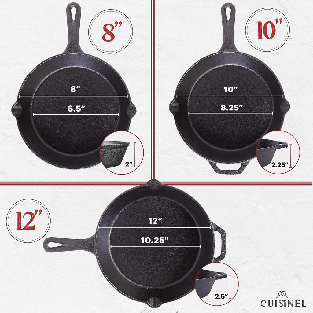 Cuisinel Cast Iron Skillets Set with Lids - 8"+10"+12"-inch Pre-Seasoned Covered Frying Pan Set + Silicone Handle and Lid Holders + Scraper/Cleaner - Use Cookware Indoor/Outdoor, Oven, Stovetop, Fire