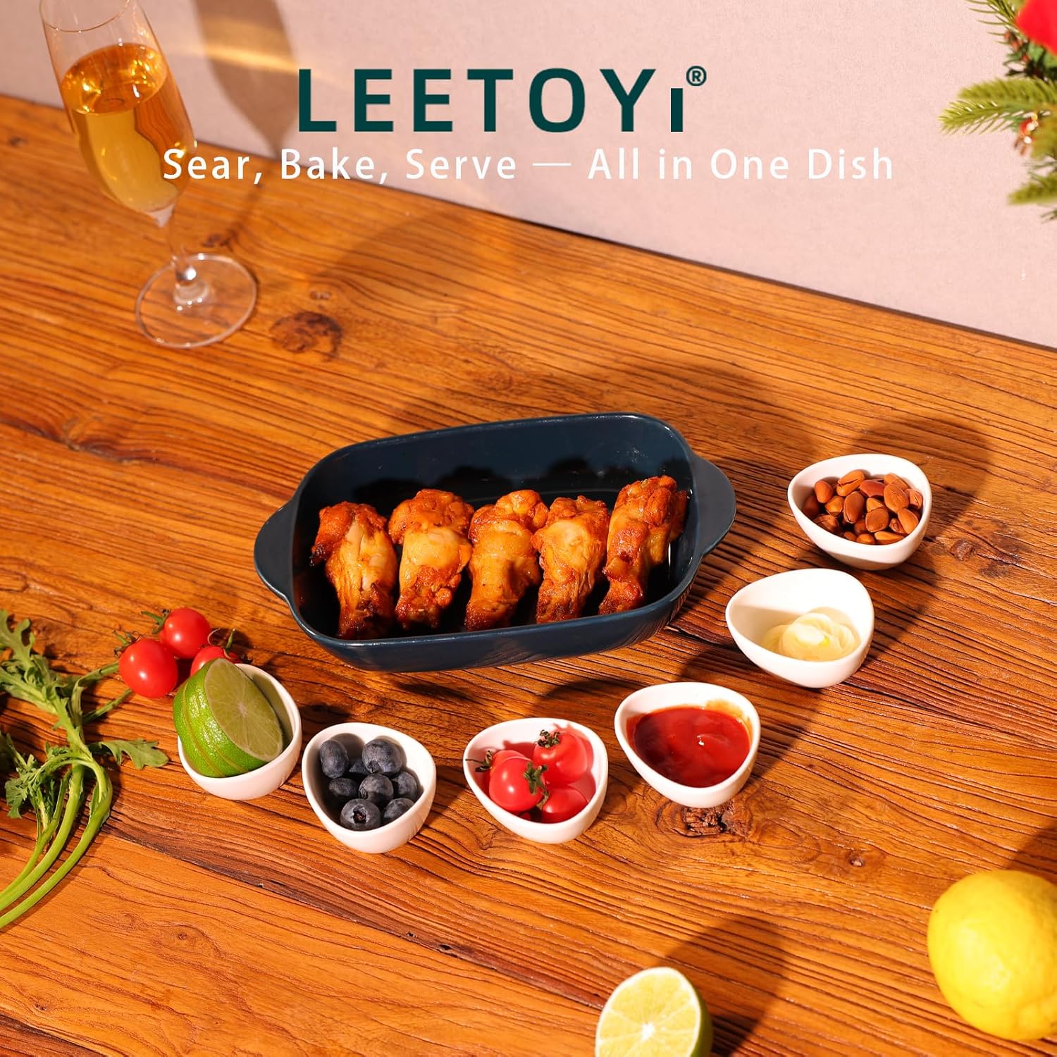 LEETOYI Ceramic Small Baking Dish, Porcelain 2-Piece Rectangular Bakeware with Double Handle, Baking Pans for Cooking and Cake Dinner 7.5"×5 (Royal Blue)