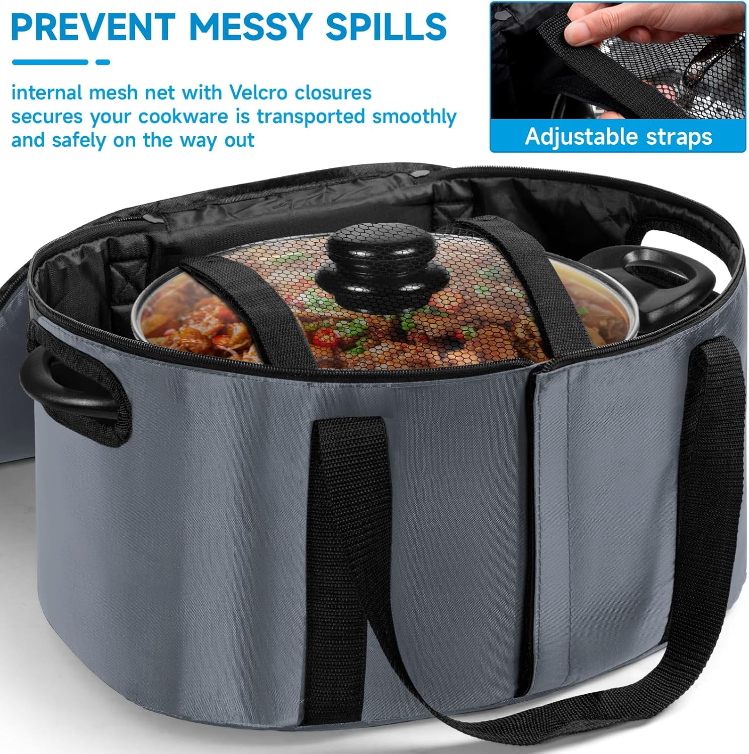Portable Slow Cooker Travel Bag, Isulated Carrier Case Tote for 4-8 Quart Crock Carrier Compatible with Else Brands, Internal Mesh Net Holds Pot in Place, For Travel, Outdoor, Picnic, Grey