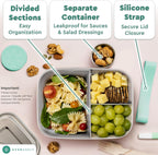 Everusely - Bento Box - Green, 47oz / 1.4 L - Stainless Steel Lunch Box with Leakproof Condiment Container - 3 Compartment Snack Organizer for On the Go Meals - Freezer & Dishwasher Safe