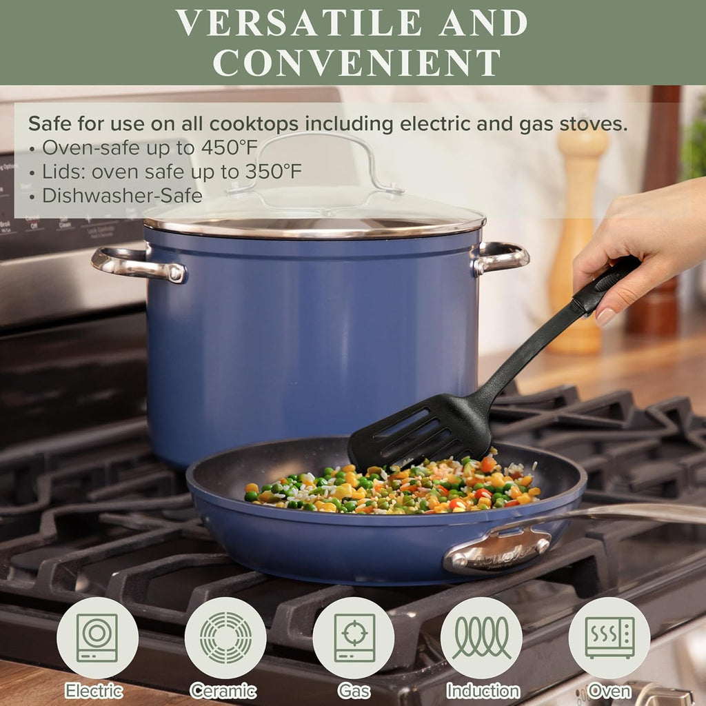 Nuwave Healthy Duralon Blue Ceramic Nonstick Cookware Set, Diamond Infused Scratch-Resistant, PFAS Free, Dishwasher & Oven Safe, Induction Ready & Evenly Heats, Tempered Glass Lids & Stay-Cool Handles