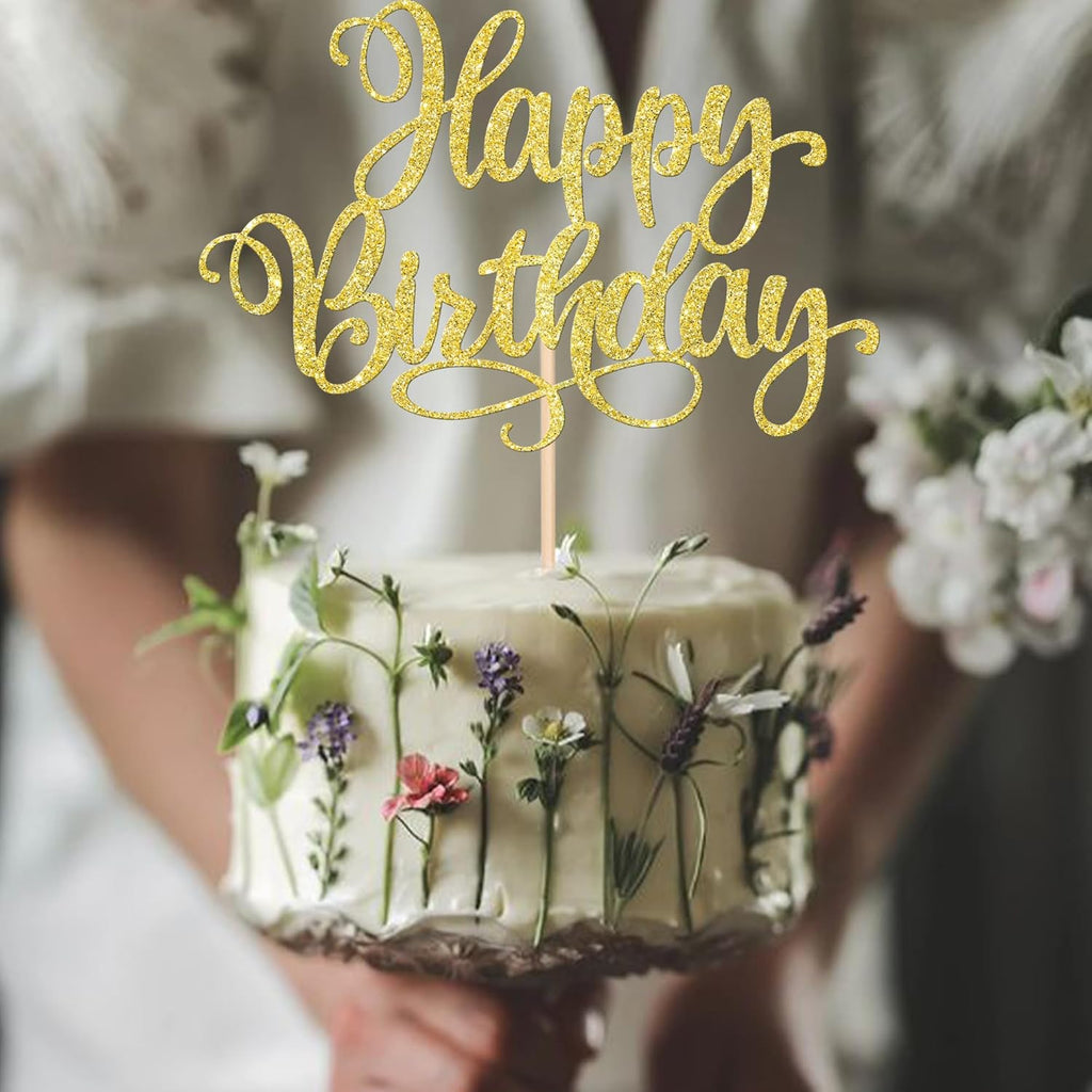 1 PCS Happy Birthday Cake Topper Glitter Happy Birthday Cake Pick Bunting Decor for Anniversary Celebrating Happy Birthday Party Cake Decorations Supplies Gold