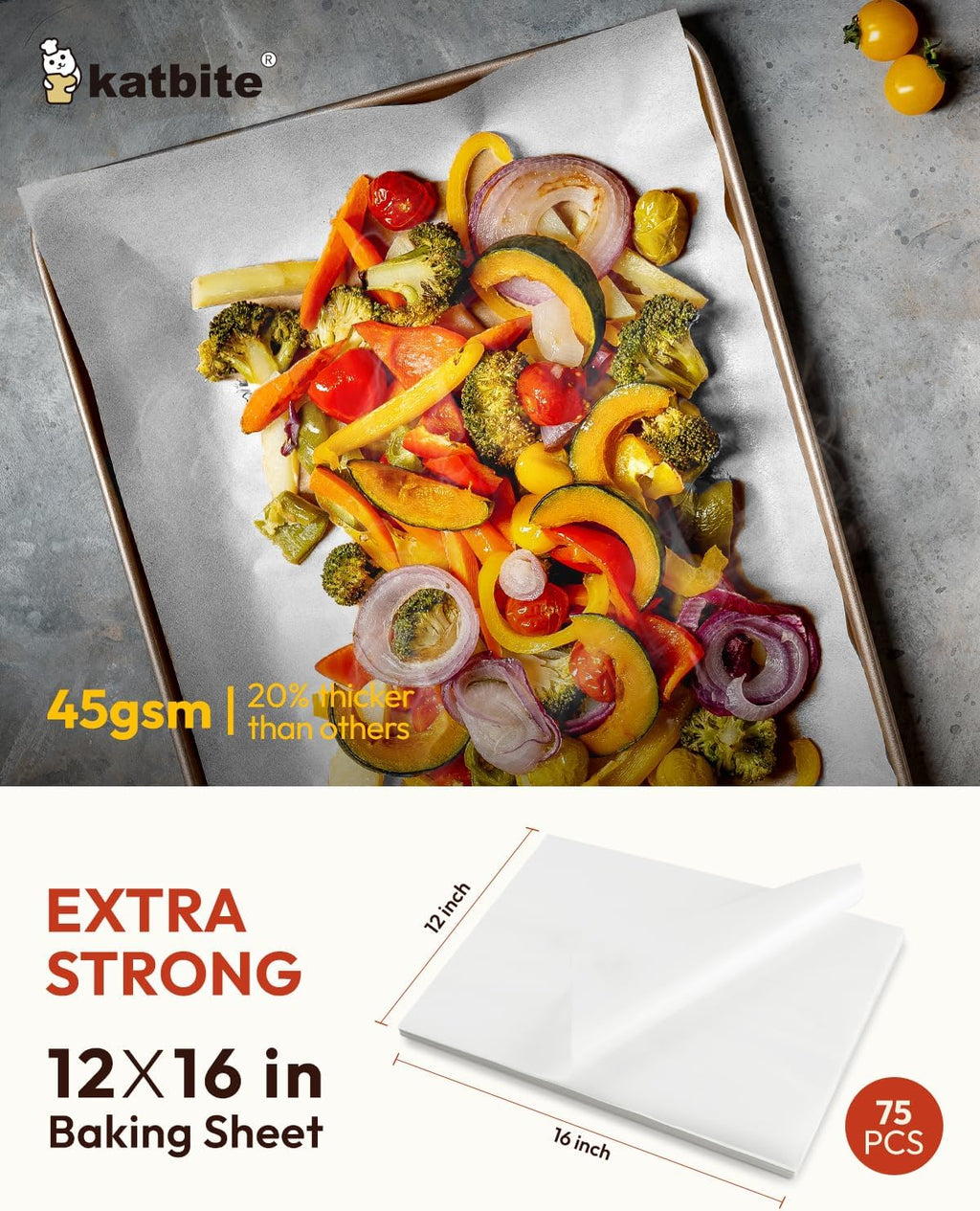 Katbite 75Pcs White Parchment Paper Sheets 12x16IN, Pre-Cut Heavy Duty Parchment Baking Paper, Non-Stick Half Sheet White Baking Parchment Paper for Air Fryer, Baking Cookie Pans[Advanced Series]