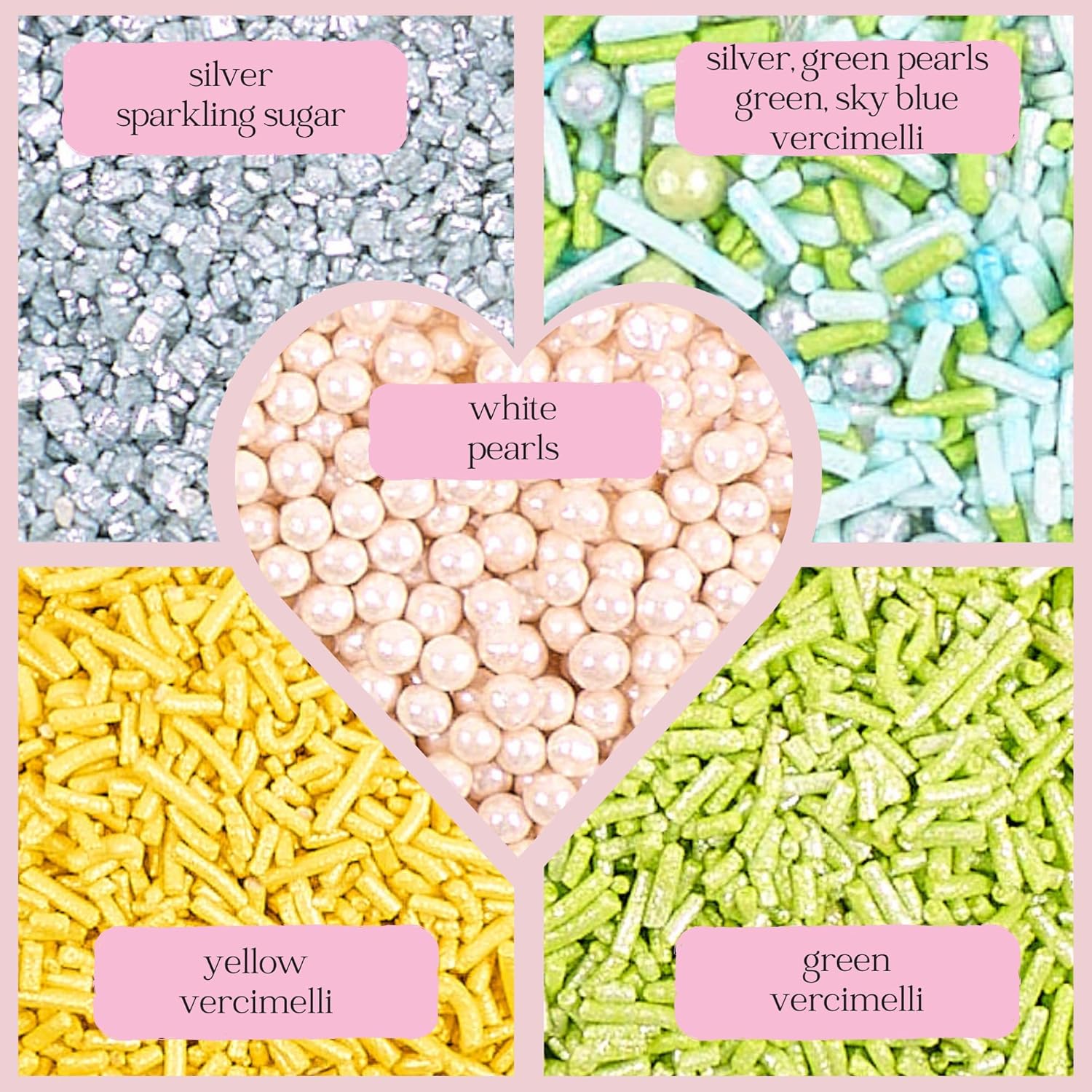 Confect Edible Sprinkles for Cakes & Cupcakes Decoration Assorted pack of 5 Summer Fun Sprinkles Mix White Dragees Green Yellow Blue Jimmies Silver Sparkling Sugar | Vegan, Gluten-Free, Nut-Free, Soy-Free, Dairy-Free, Palm Oil-Free - 5 Oz