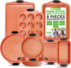 NutriChef 8 Piece Baking Pans Set - Nonstick Carbon Steel Bakeware Set w/ Silicone Heat-Safe Handles - Includes Loaf Pan, Muffin Pan, Cookie Sheets, Pizza Crisper, Roasting Pans - Copper