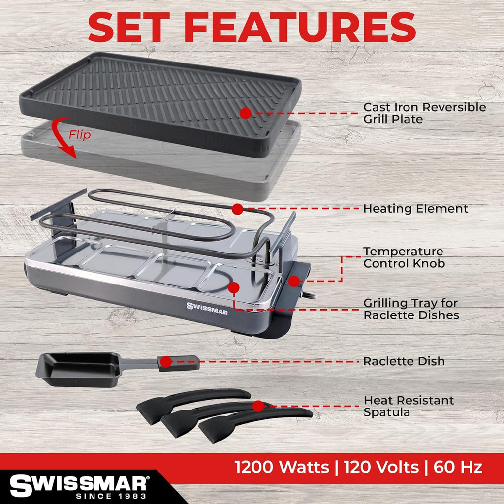 Swissmar Classic 8-Person Raclette Party Grill - Indoor Electric Grill & Griller with Reversible Cast Iron Grill Plate/Crepe Top - Anthracite Black