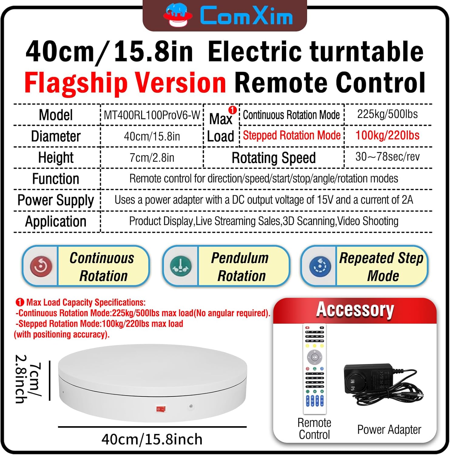 15.8In Remote Motorized electric turntable Rotating platform Photography Turntable Motorized lazy susan Base giratoria para for Photography,3D Scanner,Heavy duty display(Load Range:220~500lbs)