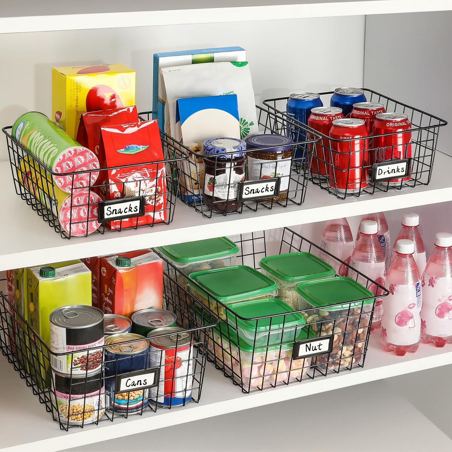 6 Pack Wire Baskets for Pantry Organization and Storage, Kitchen Organizer, 2 XXLarge & 2 XLarge & 2 Large