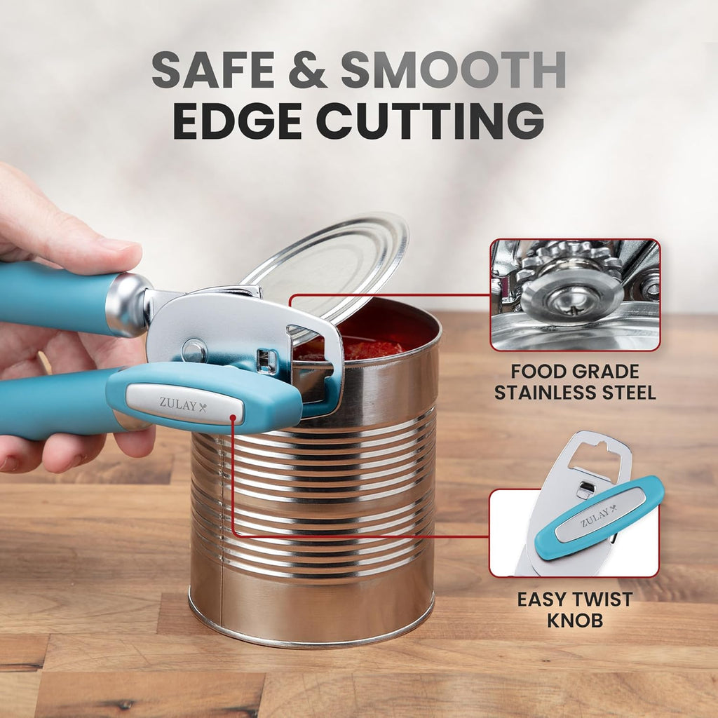 Zulay Kitchen Heavy Duty Stainless Steel Can Opener Manual with Bottle Opener - Rust Proof Manual Can Opener With Turn Knob & Comfy Soft Grip Handles - Dusty Blue