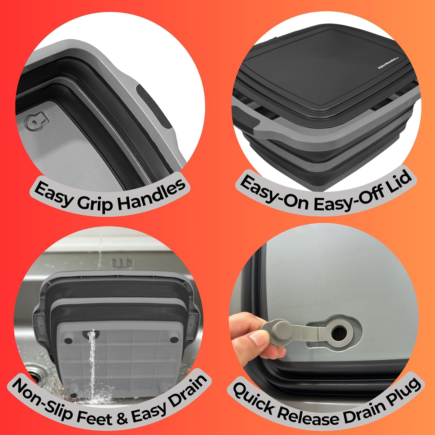 Collapsible X-Large (16L) BBQ Marinating Tub w/Cutting Board | Multipurpose Food-Grade TPE Prep Tub w/Lid | Built-In Colander & Drain Plug - For Camping | Tailgate | Picnic - Slate Black