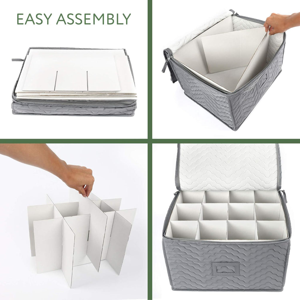 LotFancy Stemware Storage Container - Deluxe Quilted Storage Case with Dividers for 12 - Wine Glasses, Champagne Flutes, Glassware, Drinkware Storage Box Chest, 15.5"x12.5"x 10", Gray