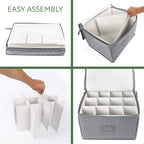 LotFancy Stemware Storage Container - Deluxe Quilted Storage Case with Dividers for 12 - Wine Glasses, Champagne Flutes, Glassware, Drinkware Storage Box Chest, 15.5"x12.5"x 10", Gray
