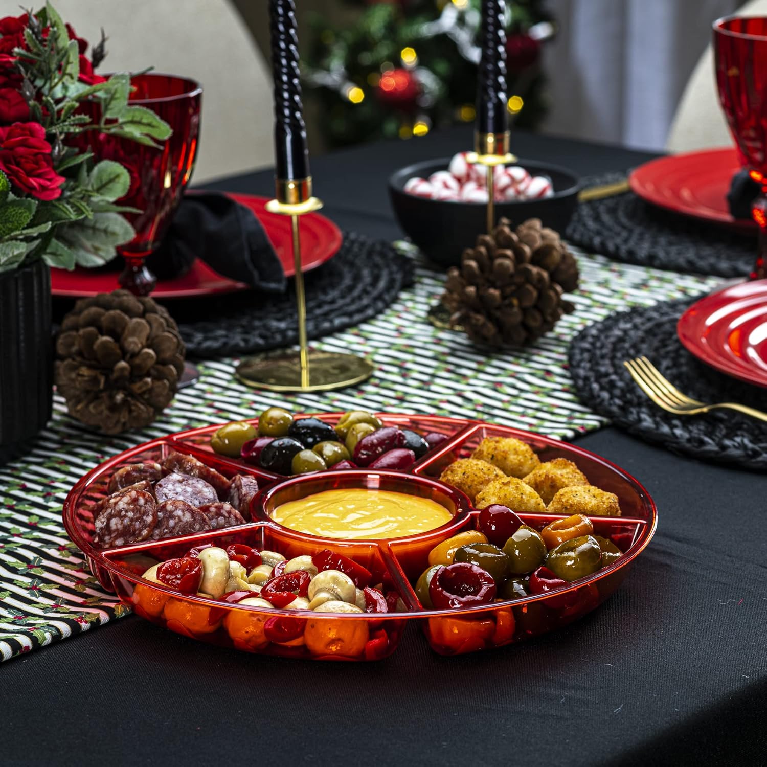 Plasticpro 6 Sectional Round Plastic Serving Tray/Platter (4, Red)