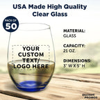 DISCOUNT PROMOS 50 ARC Stemless Wine Glasses Set, 21 oz. - Customizable Text, Logo - Chardonnay, Cabernet, Merlot, Sauvignon - Blue