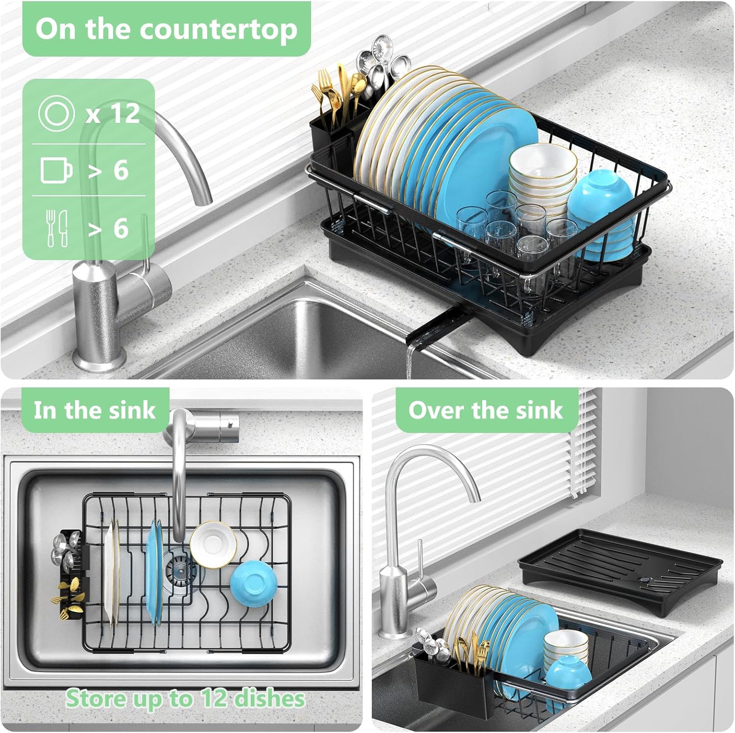 LEMIKKLE Roll Up Dish Drying Rack, Over The Sink Dish Drainer Rack, Foldable Sink Drying Rack, Anti-Slip Silicone Wrapped Dish Drainer for Kitchen Counter