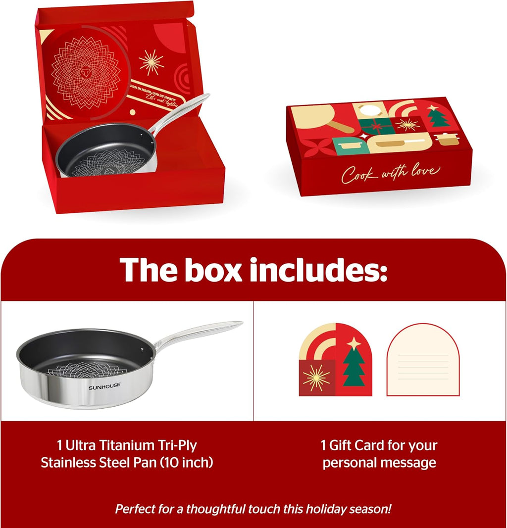 Sunhouse Titanium-Coated Tri-Ply Stainless Steel Pan, 10 inch frying pan, Non-Toxic, PFAS PFOA & PTFE Free, Oven Safe, Compatible with All Cooktops, Perfect Gifts for Mom or Dad, Premium gift box