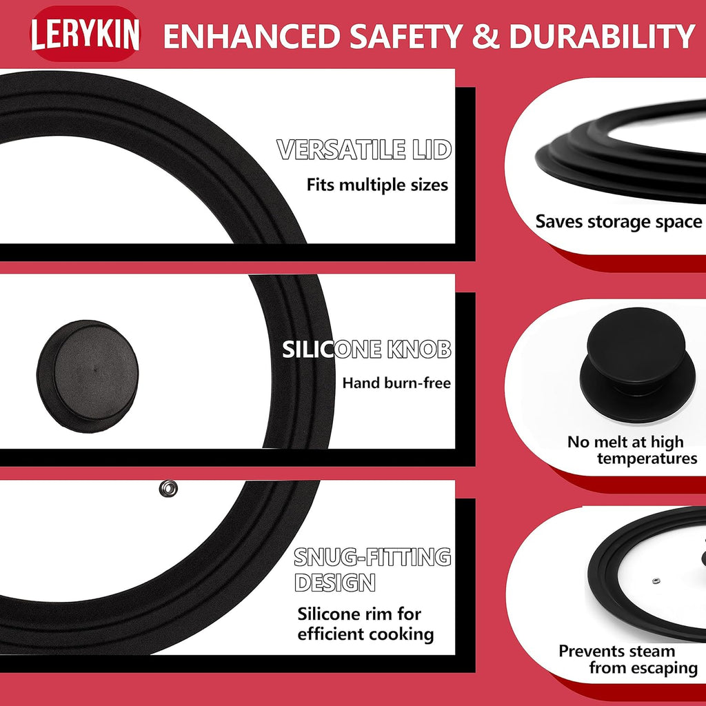 Tempered Glass Lid - Universal Lid with Heat Resistant Silicone Rim for Pots, Pans and Skillets - Pan Cover Replacement Lid Fits 9.5", 10" and 11" Diameter Cookware