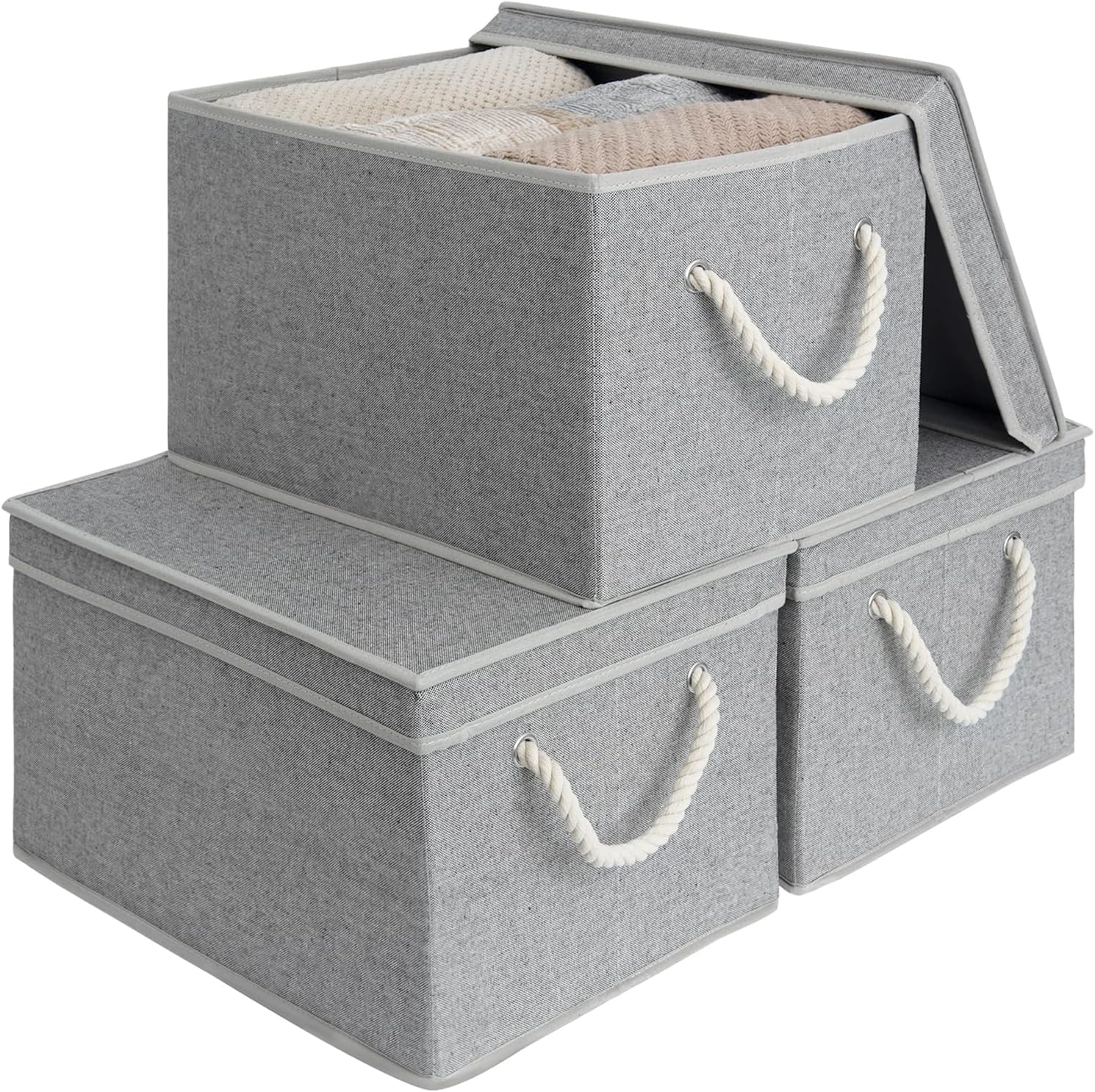 StorageWorks Storage Bins with Lids, Decorative Storage Boxes with Lid and Soft Rope Handles, Foldable Storage Baskets for Closet, Shelves, Stackable, Gray, Jumbo, 3-Pack