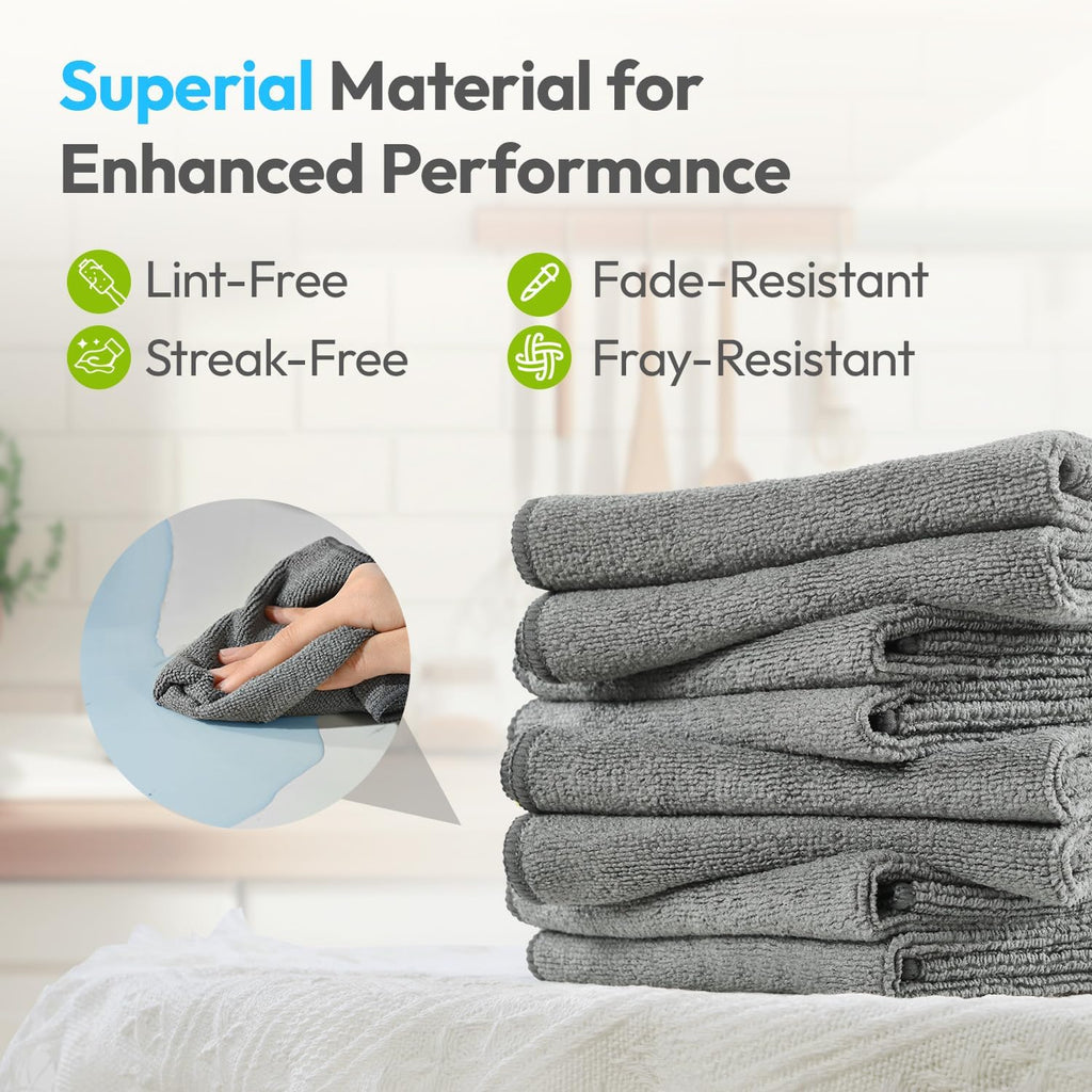Microfiber Cleaning Cloths 12”x12”, 12Pack - Extra Thick Kitchen Towels - Streak-Free, Lint-Free, Fast Absorbent - Reusable Multi-Purpose Housekeeping Rags for Cars, Dishes, Floors, Tiles - Grey