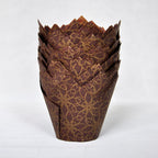 (JUMBO Large size) Brown Golden pattern Tulip Baking Cups 2-1/4"(Base diameter) x 3-3/4"(Wall height) Greaseproof paper Muffin liners, Case of 130 pcs