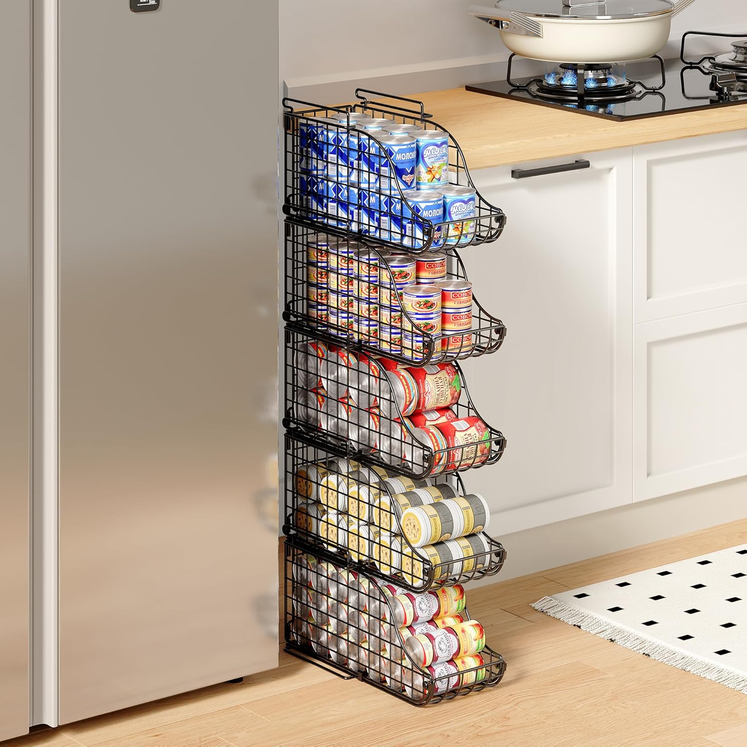 4-Pack Stackable Canned Food Organizer with Handles for Kitchen, Soda Can Organizer for Pantry Shelves, Wire Cabinet Shelf for Can Storage, Foldable Soda Dispenser, Patent Pending, Black
