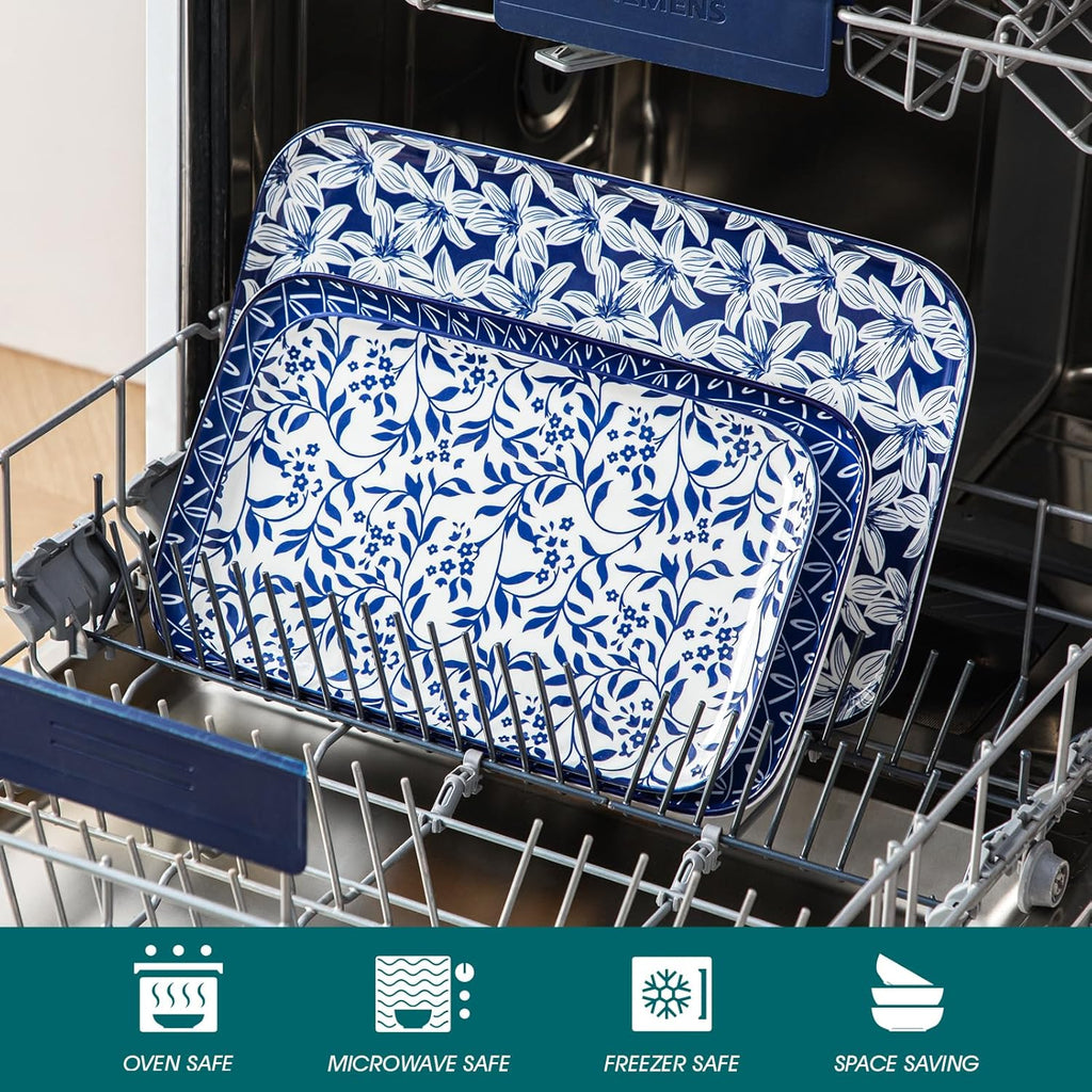 vancasso Serving Platters Set of 3, 16"/14"/12" Inch Rectangular Trays - Serving Platter Extra Large, Ceramic Serving Dish Microwave & Dishwasher Safe (Vintage Blue A)