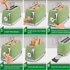 SUSTEAS Toaster 4 Slice Wide Slot, Stainless Steel Bread Bagel Toasters, Retro Long Slot Tostadora for Defrost, Reheat, Removable Crumb Tray, 1500W, 6 Browning Settings, Retro Green
