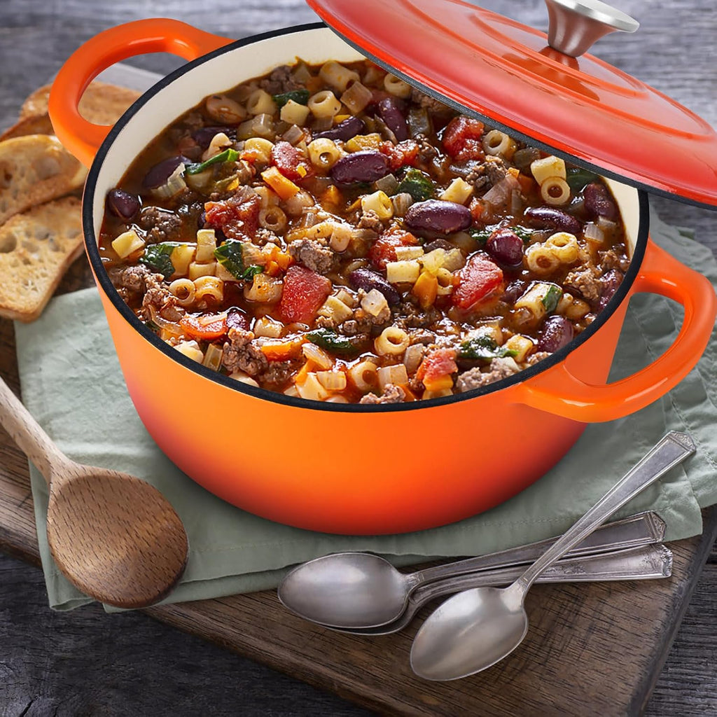 E-far 3 Qt Enameled Cast Iron Dutch Oven with Lid, Small Round Nonstick Dutch Oven Pot for Bread Baking Braising Stews Roasting Cooking, Heavy Duty, Induction & Oven Safe - Orange
