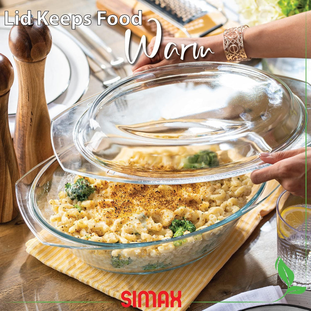 Simax Clear Glass Casserole Dish: Clear Glass Oval Casserole Dish with Lid and Handles Covered Bowl for Cooking, Baking, Serving, etc. Microwave, Dishwasher, and Oven Safe Cookware – 2.5 Quart