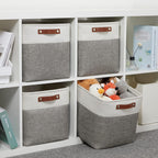 DULLEMELO [Set of 4 Storage Cubes Baskets for Organizing, 12 x 12 x 12 inch Cube Storage Organizer Bins with Leather Handles, Foldable Fabric Cloth Bins for Cube Storage(4 Pack - 12" White&Grey)