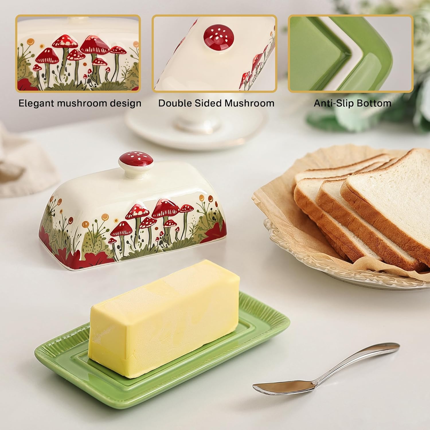Fungi Fun Mushroom Butter Dish With Lid – Cute Cottagecore Ceramic Storage Container, Vintage French Covered Tray, Boho Farmhouse Kitchen Decor Gift, Unique Countertop Holder (White, Standard)