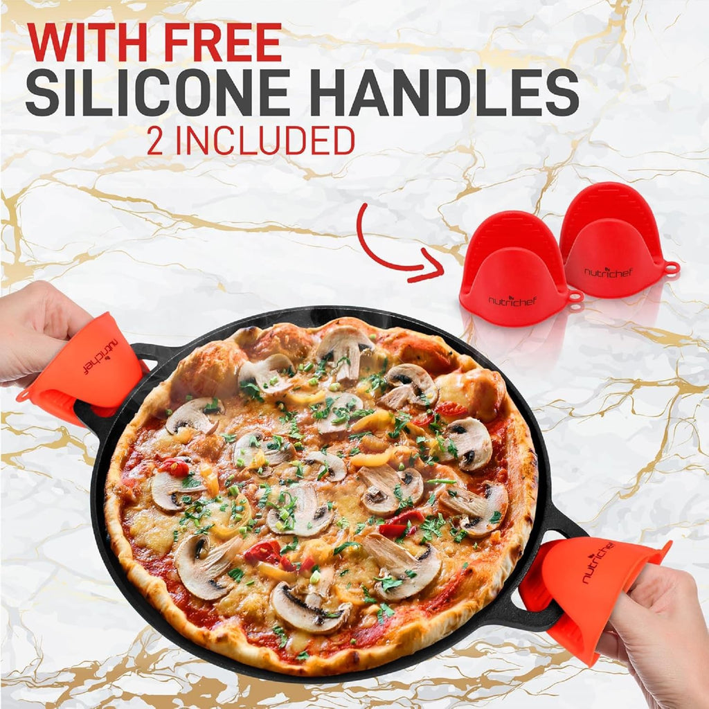 NutriChef 13-Inch Flat Cast Iron Pizza Pan - Versatile Pre-Seasoned Round Cooking Griddle w/ Built-In Handles for Oven, Grill, Stove, and Campfires