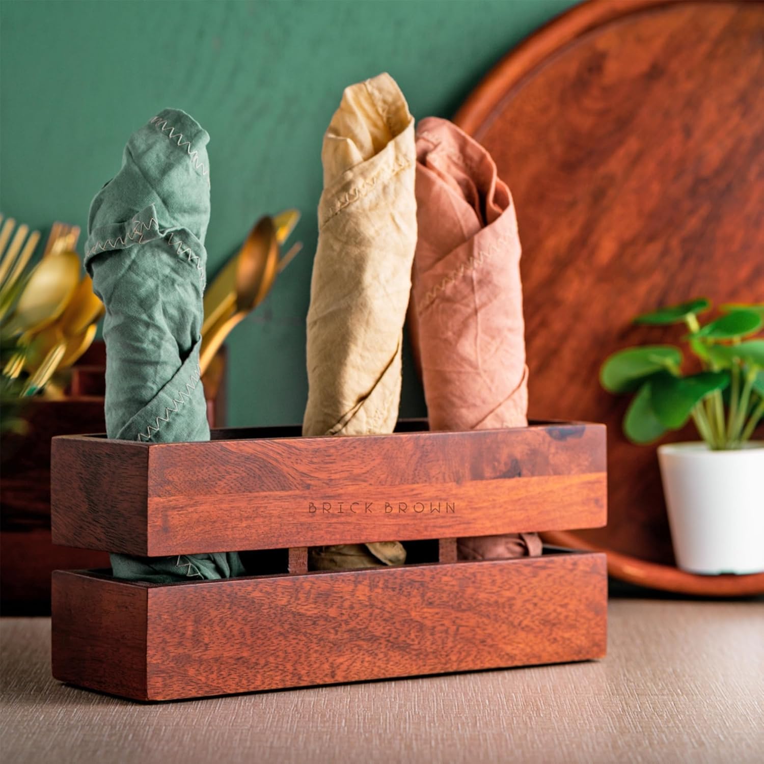 Brick Brown Premium Handcrafted 3-Partition Wooden Cutlery Holder Storage Spoon, Knife, Fork, Chopstick Caddy Self Organizer Stand for Home Kitchen Tableware Restaurant in Mahogany(9.1x3x3.9Inch)
