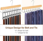 TOPIA HANGER 2 in 1 Belt Tie Hanger for Closet Max 30 Belts with 30 Ties Capacity, 20 Hooks Belt Tie Racks Wooden Hanger for Closet Organizer Storage Space Saving “U” Fit Belt and “一” Fit Tie - CT47N
