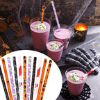JANYUN 30 Pcs Halloween Reusable Straws 9inch Pumpkin Bat Skeleton Spider Printing Hard Plastic Drinking Straw for Mason Jar Tumbler Family Party Favors Cleaning Brush