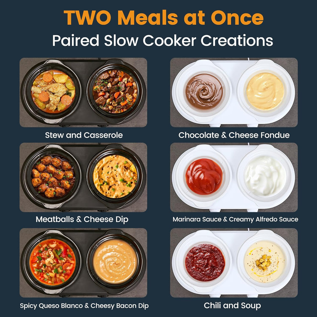 KOOC Double Small Slow Cooker, Buffet Server and Warmer, 2 Mini Pots with 3 Individual Adjustable Temp, Dual Ceramic Pots, Free Liners for Easy Clean-up, Stainless Steel, Total 2.5 Quart, Grey, Round