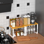 Expandable Kitchen Cabinet Organizer Shelves – Stackable Adjustable Metal and Wood Storage Racks for Countertop, Pantry, Garage Set of 2 Spice Rack – Easy Assembly, Space-Saving(2 Packs/Medium/White)